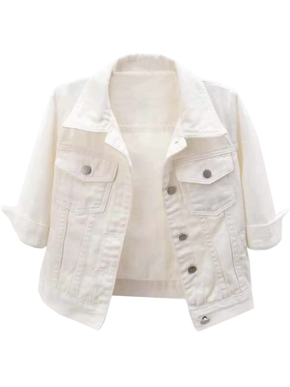 🆕 Womens 3/4 Sleeve Short Denim Jacket Lapel Button Down Cropped Trucker Jean